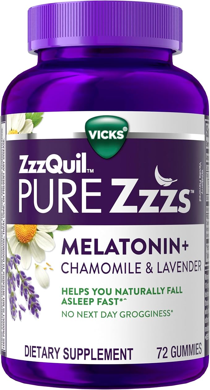 ZzzQuil PURE Zzzs Melatonin Gummies, Sleep Aid, Melatonin 2mg, with Chamomile & Lavender, Melatonin Sleep Gummies, Sleep Aids for Adults, Wildberry Vanilla Flavored, 72 Sleep Gummies