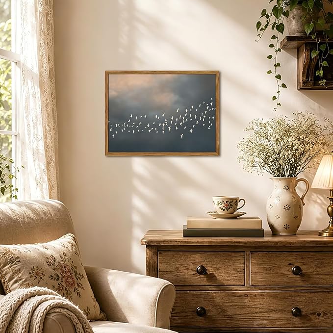 Framed Vintage Flying Bird Canvas Wall Art, Minimalist Abstract Flock of White Birds Pictures Wall Decor, Rustic Nature Wildlife Paintings Prints for Living Room Bedroom Bathroom 12x16 inch