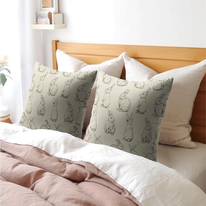 Kawani Vintage Farmhouse Bunny Pillow Covers 22x22 Set of 2 Green Rabbits Holiday Decorative Throw Pillow Cases Cotton Linen Cushion Cover for Sofa Couch Porch Patio Bench Home Decor