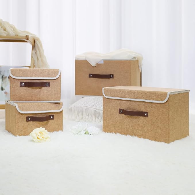 ANMINY Fabric Storage Box Bins with Lids, Khaki, 10"x8"x7" | Keepsake Memory Storage, Cotton Linen, PP Board Reinforced, Washable, PU Handles, Foldable & Stackable, Decorative, Small