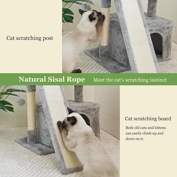 Small Cat Tree for Indoor Cats, Cat Tower with Scratching Post and Board, Cat House with Perch for Kitten, Stable Condo and Stand (Light Grey)