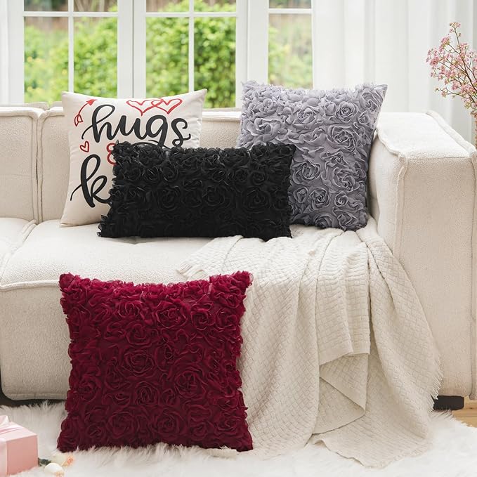 MIULEE Decorative Rose Flower Pillow Cover Pack of 1 Black 12x20 Inch | Cute Romantic Stereo Chiffon Throw Pillow Cover Aesthetic Solid Pillowcase for Girl Coquette Room Decor Coach Bedroom