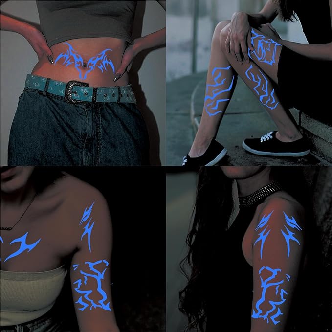 12 PCS Glow in The Dark Cosplay Purple Temporary Tattoos, Dance Fake Tattoos for Cosplay, Halloween, Music Festival, Dance Party Makeup, Fantasy Creature Design, Fantasy Theme Costume Accessories