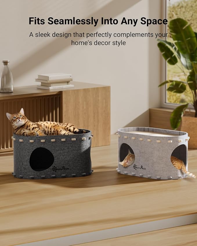 DownyPaws Cat House for Indoor Cats, Cube Castle Cat Bed Cave, Sesame Gray | Cat Hideaway Enclosed Bed,Cave Hideout Fort,Kitten Peekaboo Hut for Cats,Hide Box Bed for Large Cat Up to 22 Lbs
