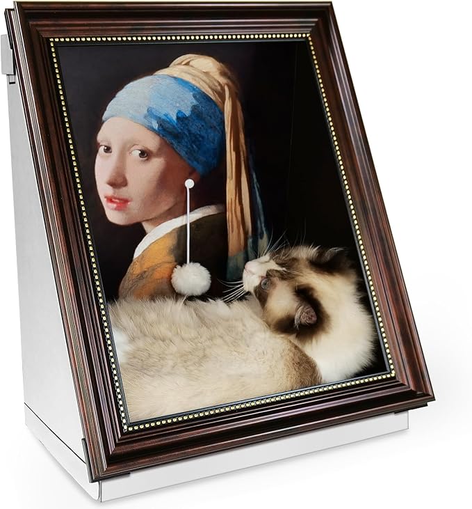 Cardboard Cat House for Indoor Cats Mona Lisa Cat Scratcher with Catnip | Frame Pre-Taped Girl With A Pearl Earrings Art Cat Scratcher Half-Surround Design