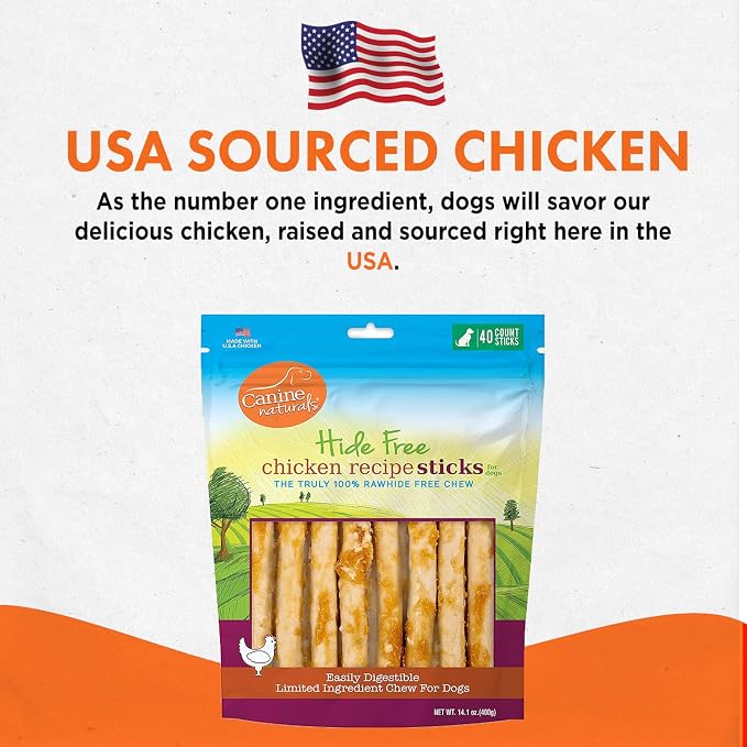Canine Naturals Rawhide Free Chicken Recipe Dog Chews, Sticks, 40 Count | 100% Hide Free, USA Raised Chicken, All-Natural, Easily Digestible, 5 in Sticks, Dog Treats for All Dogs, Value Pack