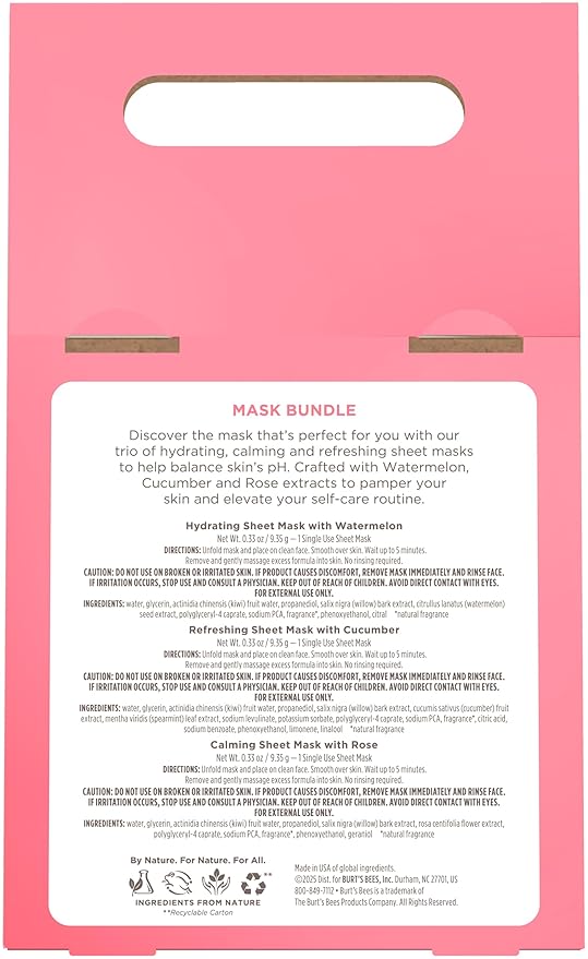 Burt's Bees Mothers Day Gifts, Face Mask Bundle Set, Hydrating Watermelon, Calming Rose, & Refreshing Cucumber, Face Sheet Masks for Single Use Skin Care, 99% Natural Origin, 3 Count, 0.33oz Each