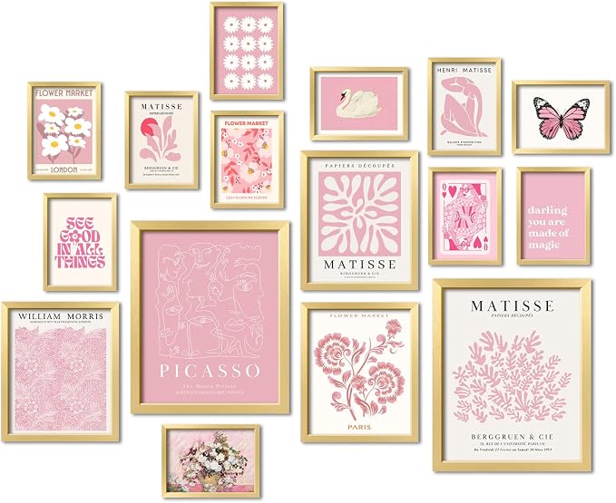 16 PCS Pink Wall Art Decor, Matisse Gallery Wall Prints for Bedroom, Light Pink Posters for Room Aesthetic, Collage Kit Pictures for Living Room, Teen Girls Dorm Home Artwork