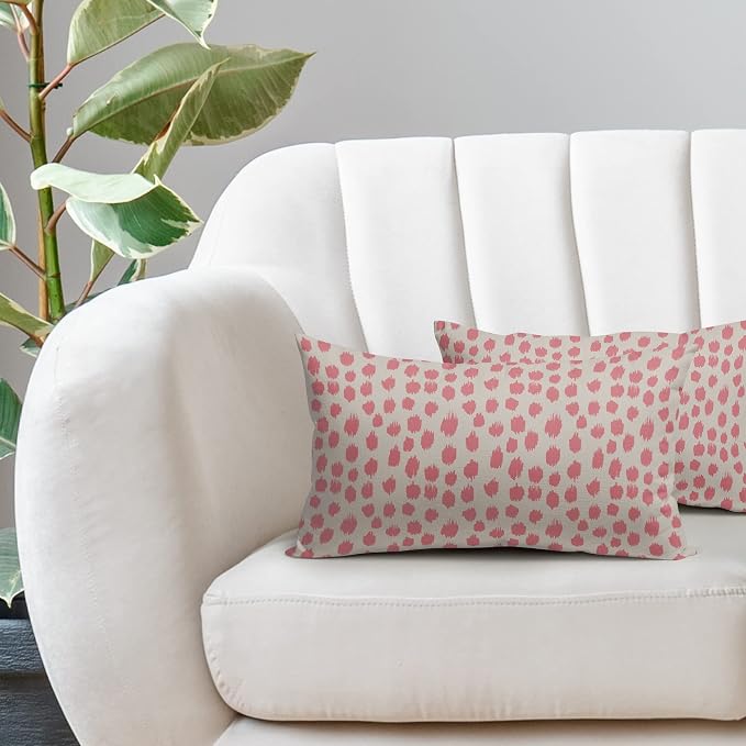 Pink Cream Boho Design Polka Dot Throw Pillows 12x20 Set of 2 Modern Brush Strokes Print Decorative Outdoor Pillowcase Lumbar Cushion Cover Linen Pillow Case for Home Sofa Couch Bed