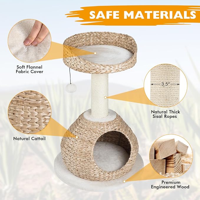 Tangkula Modern Cat Tree, Small Cat Tower with Natural Sisal Scratching Post, Hand-Made Wicker Cat Condo & Top Perch, Funny Hanging Toy Ball, Cute Cat Tree Tower for Indoor Cats