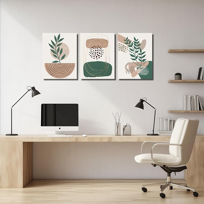 DNIEOTU Boho Canvas Wall Art for Living Room, Minimalist Geometric Shapes Wall-Decor for Bedroom, Modern Botanical Picture Prints, Size 16 x 24 Inches 3-Pieces