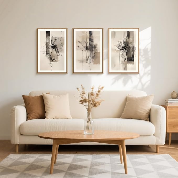 FWIEXA Large Black Beige Floral Canvas Wall Art Set 3, Neutral Abstract Florals Framed Prints, Brushstroke Geometry Line Paintings, 24x36In Watercolor Ink Artwork Poster for Farmhouse, Living Room, Bedroom, Office