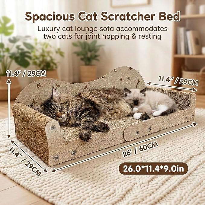 Cat Scratcher Bed,26 Inch Sofa-Shaped Cat Scratcher Couch, Large Luxury Durable Cardboard Sofa Scratcher Pad Furniture Protector for Indoor Cats Scrach,Rest and Play,Beige