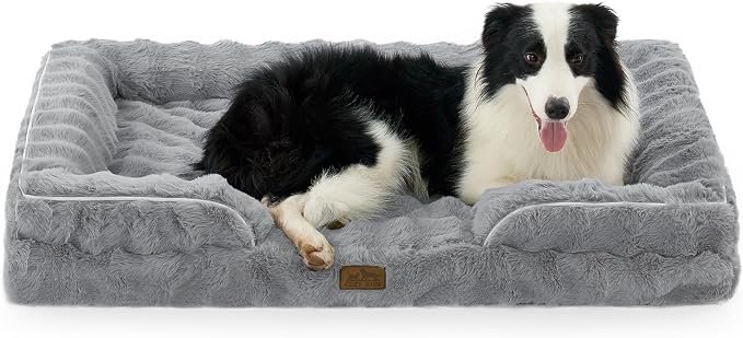 COZY KISS Faux Fur Orthopedic Dog Bed Washable for Extra Large Dogs, XL | Soft Warm Pet Sofa with Sides or Bolster, Non-Slip and Big Dog Couch with Removable Waterproof Cover, 44x32 inch, Grey