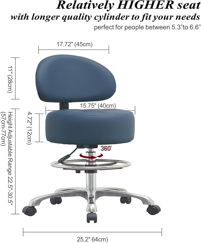 Adjustable Rolling Shop Stool with Back Support - Heavy Duty Kitchen Stool with Wheels for Salon, Spa, Massage, Tattoo, Esthetician - Extra Thick for Comfort