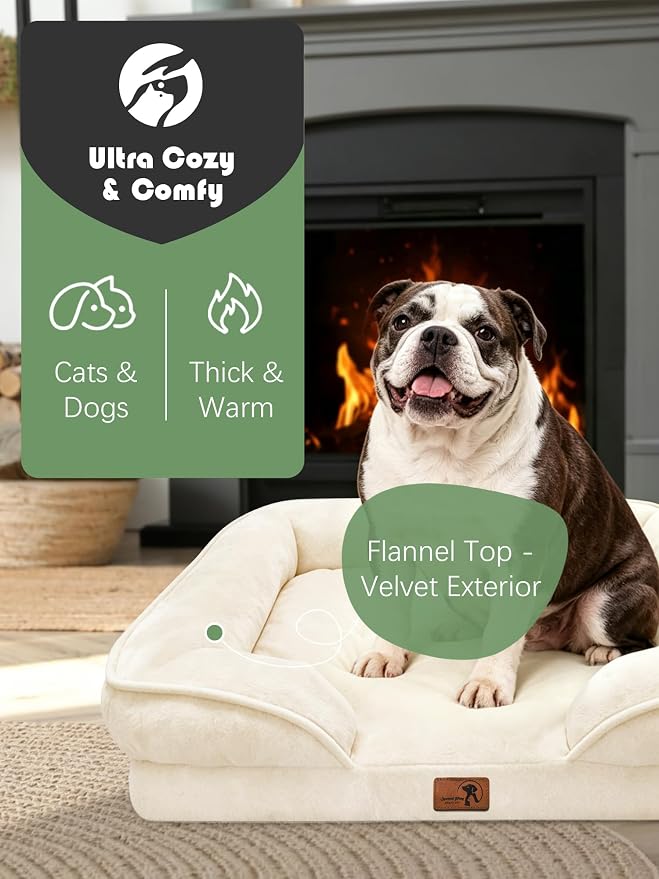 Spotted Play Orthopedic Dog Bed with Sides - Sofa Beds for Large Dogs, Supportive Foam Pet Couch Bed with Washable Removable Cover, Waterproof Lining and Non-Slip Bottom, Ivory - L