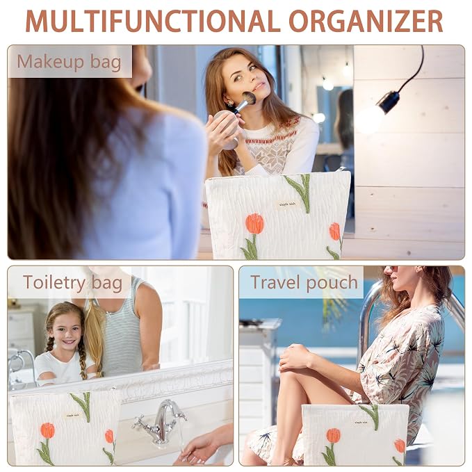 ZLFSRQ Makeup Bag Travel Cosmetic Bag for Purse Floral Zipper Makeup Pouch for Women Small Cute Flower Cosmetic Pouch Toiletry Bag Pencil Case Portable Organizer Canvas Aesthetic Gift (Tulip)