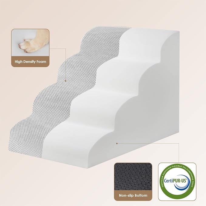 EHEYCIGA Curved Dog Stairs Ramp, 4-Step High Beds, 19.7" H Pet Step | 33D density of pure foam, for Small Dogs and Cats, Pet Stairs for High Bed Climbing, Non-Slip Balanced Indoor, Light Grey