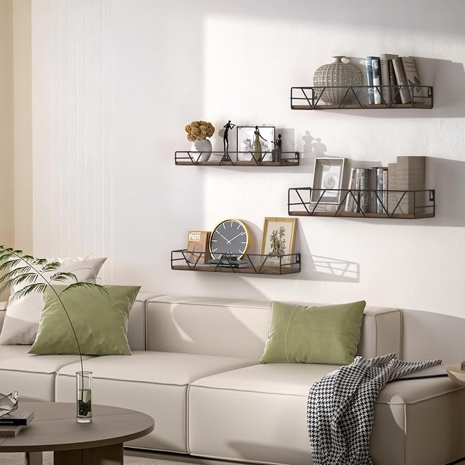 Floating Shelves Set of 4, Wood Wall Shelf, Farmhouse Shelf for Bedroom | Wall Mounted Floating Shelf for Living Room, Bedroom, Bathroom, Kitchen, Office
