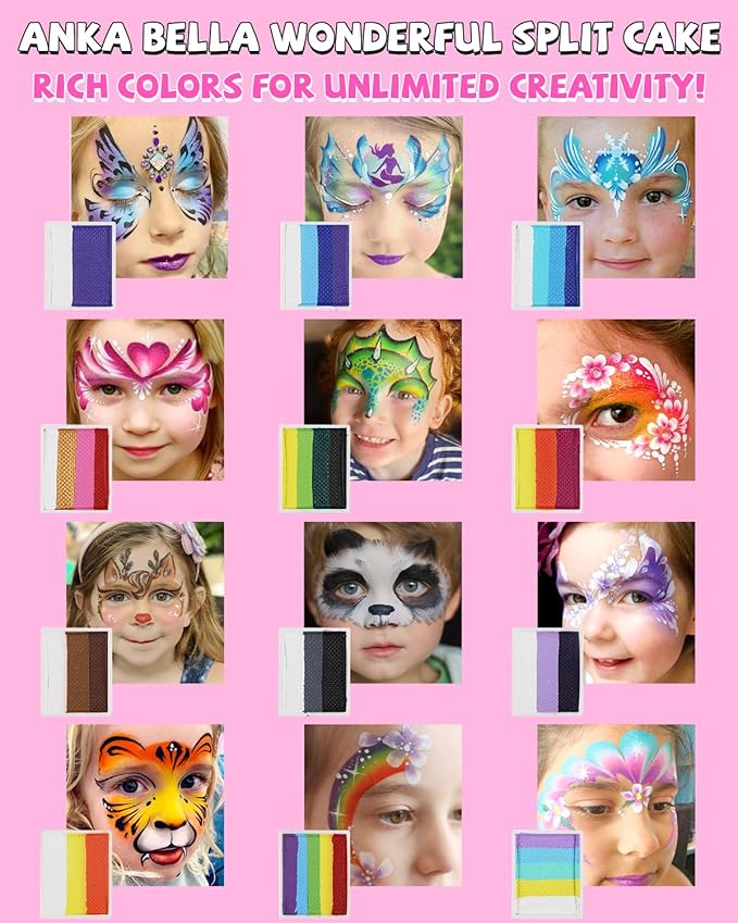 Anka Bella Professional Face Painting Kit for Kids,12X10gm Water Based Split Cake Face Paint with Stencil & Brushes,Hypoallergenic & Non-Toxic,Gift for Birthday Parties/Halloween/Carnival