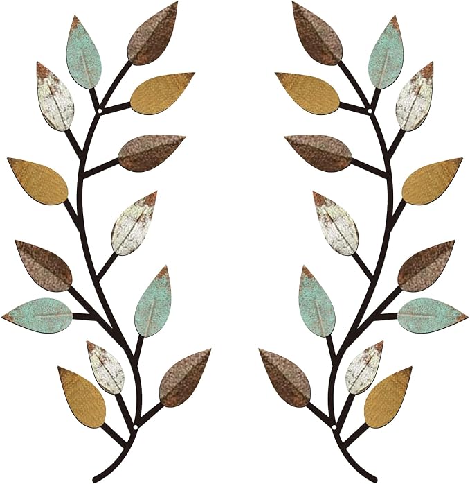 Zhengmy 2 Pcs Metal Leaf Wall Art Vine Branch Decor,Bright Colors | Olive Branch Metal Decor for Living Room Hallway, Symmetrical Leaf Pair for Doorway Entryway, Lightweight Hanging Art Design