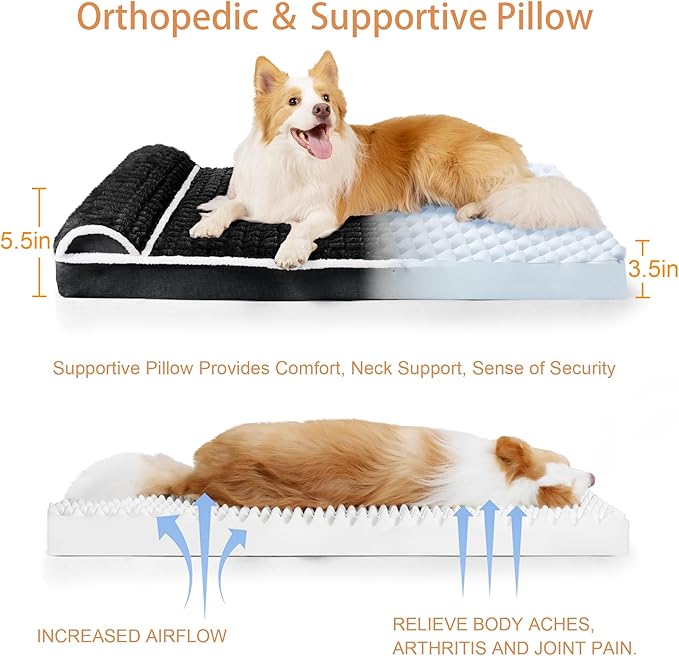 Orthopedic Large Dog Bed Pillow Pet Sofa Bed 36''X24'' Black | Egg-Crate Foam Pet Couch Large Sized Dog, Waterproof Removable Washable Cover,Furry Puppy Crate Mat With Nonskid Bottom