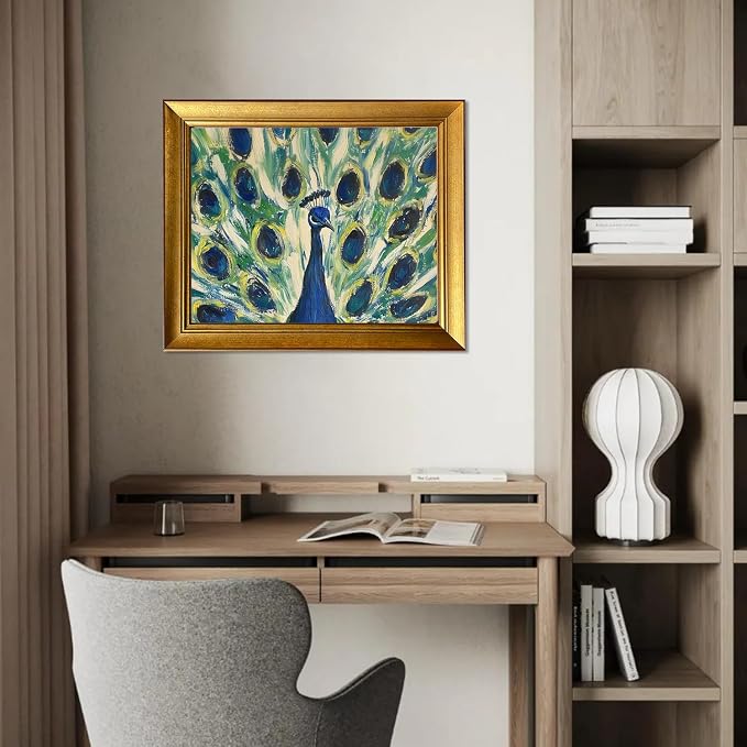 Vintage Gold Framed Canvas Wall Art Peacock Oil Painting Bird Boho Artworks for Bedroom Living Room Bathroom