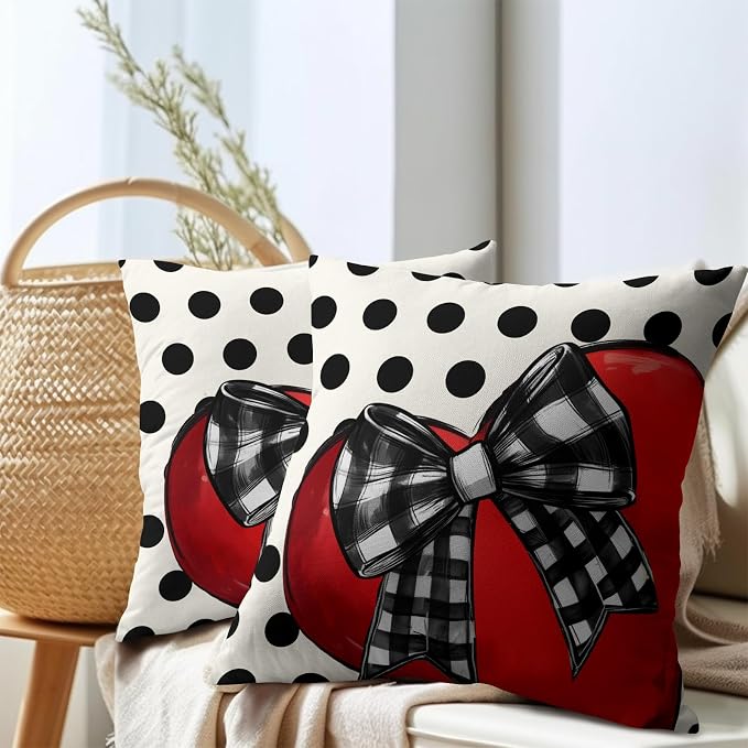 Kawani Valentines Throw Pillow Covers Set of 2, 22x22 Inch Polka Dots Red Love Heart Romantic Decorative Cotton Linen Couple Pillowcases for Couch Sofa Bedroom Livingroom Wedding Decor
