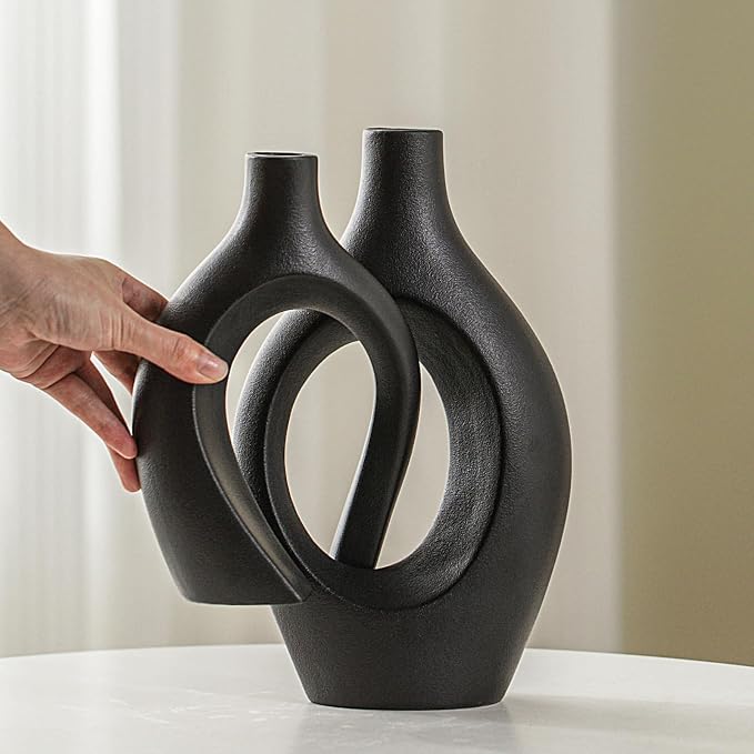 Lvases Snuggle Hollow Modern Ceramic Vase Set of 2, Nordic Aesthetic Vase | Mid Century Decorative Vases for Home Decor House Book Shelf Office Coffee Dining Fireplace ( Matte Black W 6.8" X H 11" )