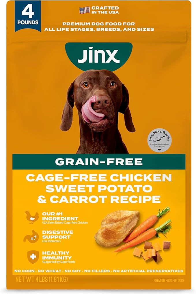 Jinx Grain Free Dry Dog Food - Real Chicken, Sweet Potato & Carrot, 4lb | Premium Kibble for Digestive Support & Healthy Immunity - No Fillers, All Lifestages (Puppy, Adult & Senior), Breeds & Sizes
