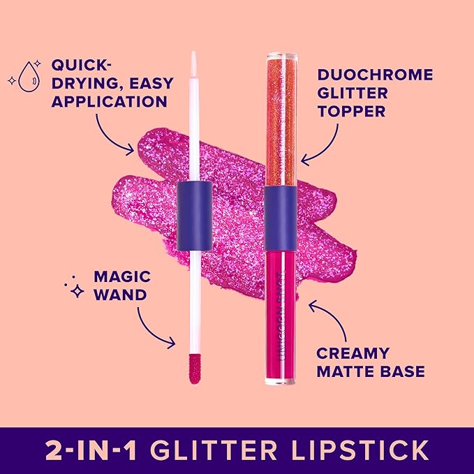 UNICORN SNOT Quiet Riot Glitter Lip Duo | 2-in-1 Set: Matte Lipstick & Plastic-Free Glitter | 0.15oz Pink Lipstick & 0.16oz Gloss, Fusion