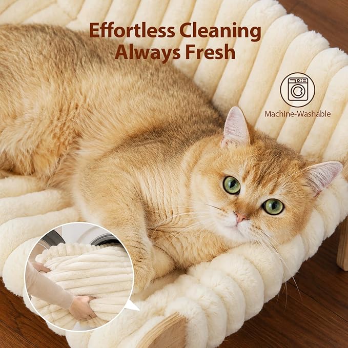 Elevated Cat Couch for Indoor Cats Wooden Cat Sofa for Kitty Puppy | Ultra-Soft Plush Raised Cat Bed,Removable Washable Cat Chair Hammock,Breathable Cat Furniture for Bedside Balcony Living Room