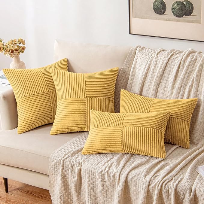 MIULEE Golden Mustard Decorative Throw Pillow Covers for Couch 16x16 Inch | 2 Pack, Boho Farmhouse Pillow Covers, Soft Cross Corduroy Patchwork Textured Cushion Cases For Bed Sofa