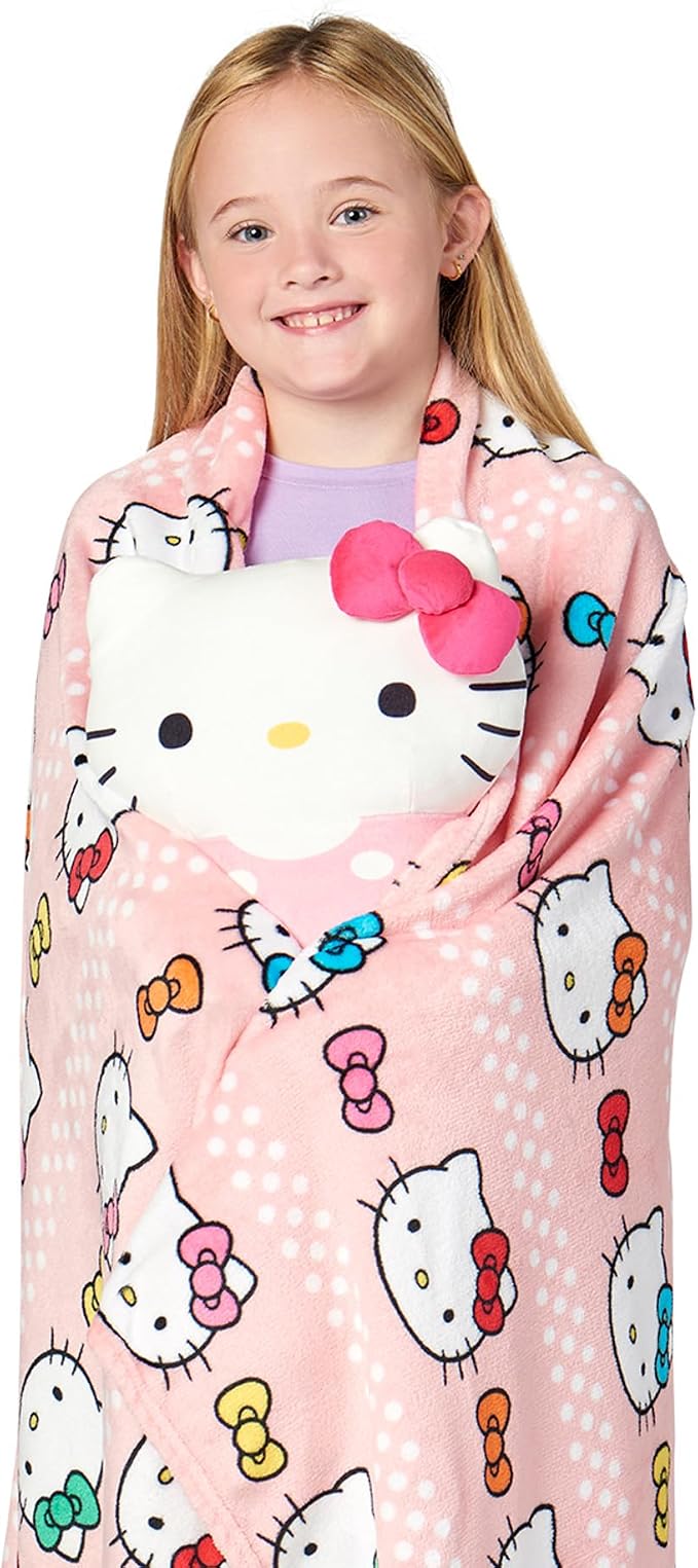 Northwest Hello Kitty Bowtastic Hugger Pillow & Silk Touch Throw Blanket Set, Stuffed Animal, 50x60 inches and 11 inch Plushie