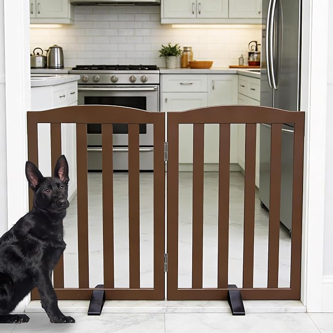 ZJSF Foldable Freestanding Indoor Dog Gate for House Wood Long Pet Gates Dog Fence for Stairs Puppy Gates for Hallways, Puppy Gate,Support Feet Included, Brown, 24 "Height-2 Panels