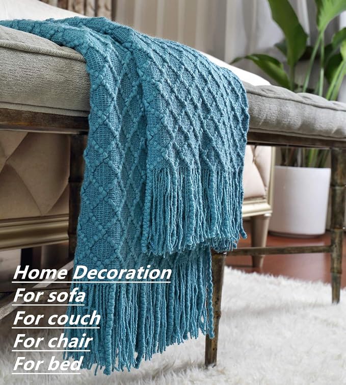 CREVENT Boho Crochet Throw Blanket for Couch Sofa Chair Bed Decoration, Gift Idea for Girlfriend Mom Birthday, Soft Warm Cozy Light Weight for Spring Summer (50''X60'' Turquoise/Dark Teal)