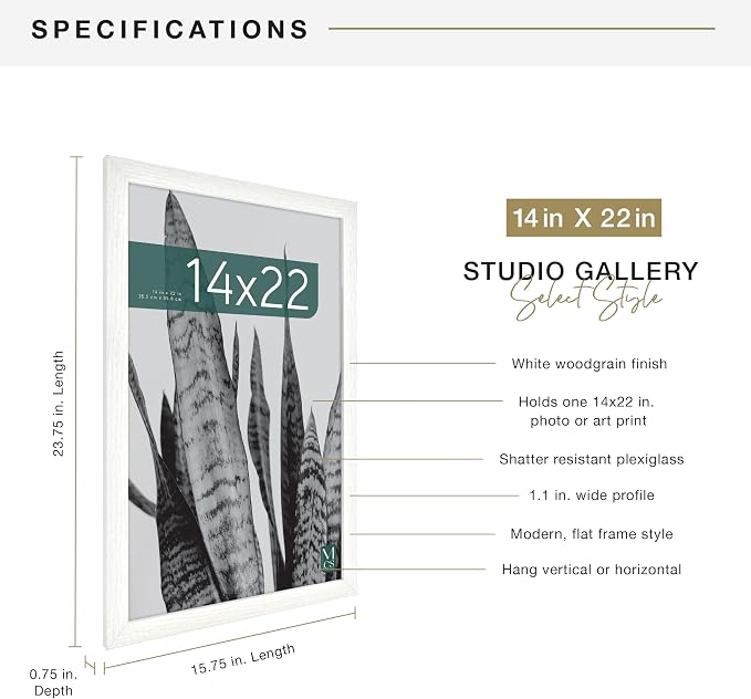 MCS Studio Gallery 14x22 Poster Frame White Woodgrain Engineered Wood, Vertical & Horizontal Wall Hanging Large Picture Frame for Photos, Posters & Art Prints (1-Pack)