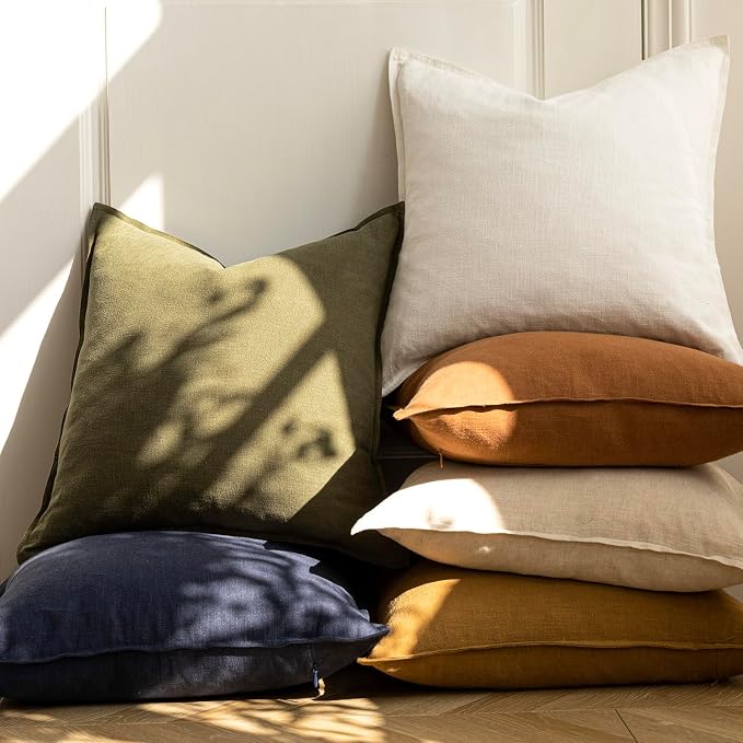 Foindtower Pack of 2, Decorative Linen Soild Throw Pillow Covers Soft Accent Cushion Case Boho Farmhouse Neutral Pillowcase for Chair Couch Sofa Bedroom Living Room Home Decor 24 x 24 Inch Cream White