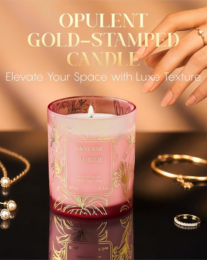 M&SENSE Floral Soy Candle, 8.1oz Gilded Glass, Romantic Stress Relief | 42H Long Burn, Soy Wax, Mixed Bloom Bouquet, Non-Toxic, Sensitive-Safe, Reusable Jar
