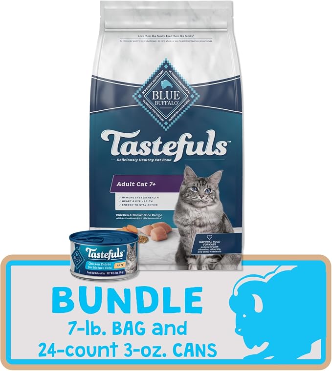 Blue Buffalo Tastefuls Adult 7+ Natural Cat Food Bundle, Dry and Wet, Chicken (7-lb Dry + 3oz Cans 24ct)