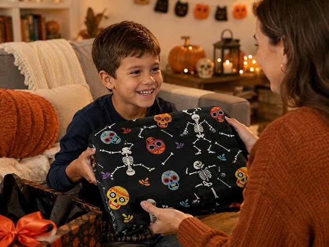 Halloween Fleece Throw Blanket, Dancing Skeletons & Sugar Skulls, 50x70 in | Ultra-soft cozy flannel fleece, for sofa couch bed chair & dorms, spooky Halloween décor, durable and machine washable.