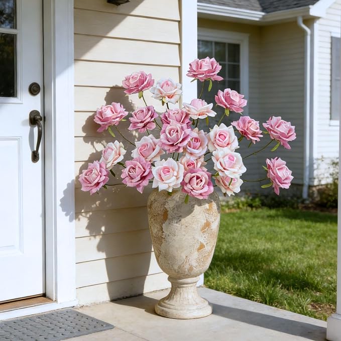 INXUGAO 10 Pcs Artificial Flowers Fake Roses for Outdoor, 28" Long Stem Silk Roses for Wedding Indoor Outside Party Decor, Realistic Faux Bouquet for Tall Vase Planter(Pink)