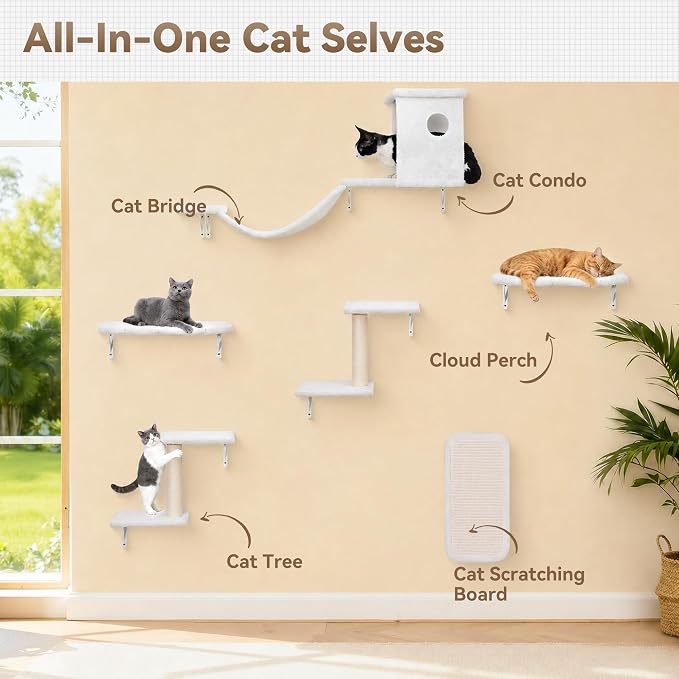 Meecal 6-in-1 Cat Wall Shelves, Wall Mounted Cat Furniture Set, Cat Shelves for Wall with Scratching Posts, Cat Bed & Bridge, Space Saving Cat Climbing Perch for Kittens, White