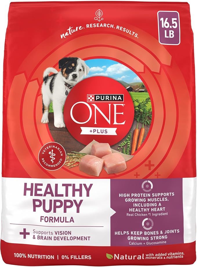 Purina ONE Plus Healthy Puppy Dry Food, Chicken, 16.5 lb Bag | High protein dog food for puppies, real chicken, DHA to support vision and brain development, antioxidants for immune support