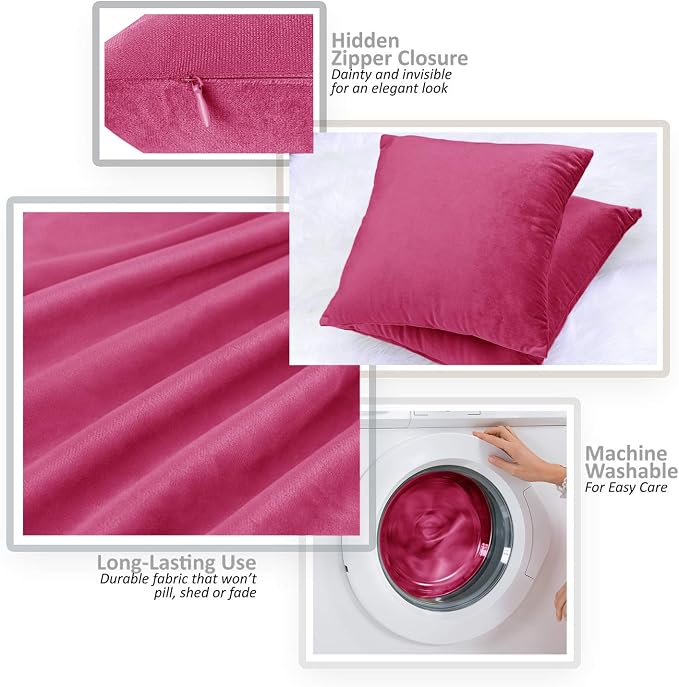 Throw Pillow Inserts Pack of 2 with Velvet Soft Solid Decorative Square Throw Pillow Covers Set for Sofa Couch Car Bedroom, 18X18 Throw Pillows Inserts with 16x16 Washable Cushion Covers, Hot Pink