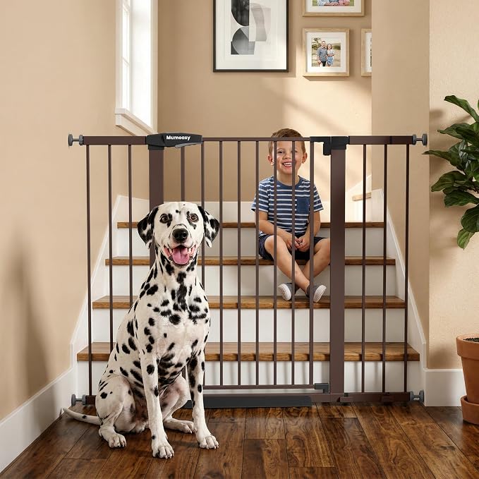 Mumeasy 29.7-48" Baby Gate for Stairs, Pressure Mounted Dog Gate for Doorways, Extra Wide Walk Thru Safety Pet Gate for Doors with Auto Close, Easy Install Child Gate for Hallway Indoor House, Brown