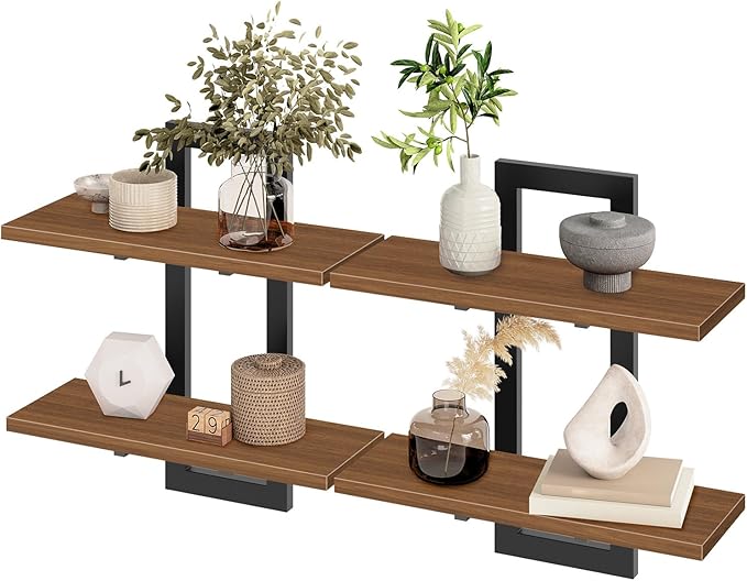 HOOBRO Floating Shelves, 15 Inch Wall Shelf Set of 2, Wall Mounted Storage Shelves 2-Tier, Hanging Bathroom Shelves, for Living Room, Bedroom, Bathroom, Kitchen, Walnut and Black BH32BJ01