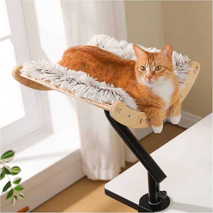PEQULTI Desk Cat Bed, 360° Rotating Clamp-On Cat Hammock, Wood, Beige | Clamps to desk edge (2.4", no drilling); holds 50 lbs; 360° rotating perch, 11.8" high; removable washable cushion