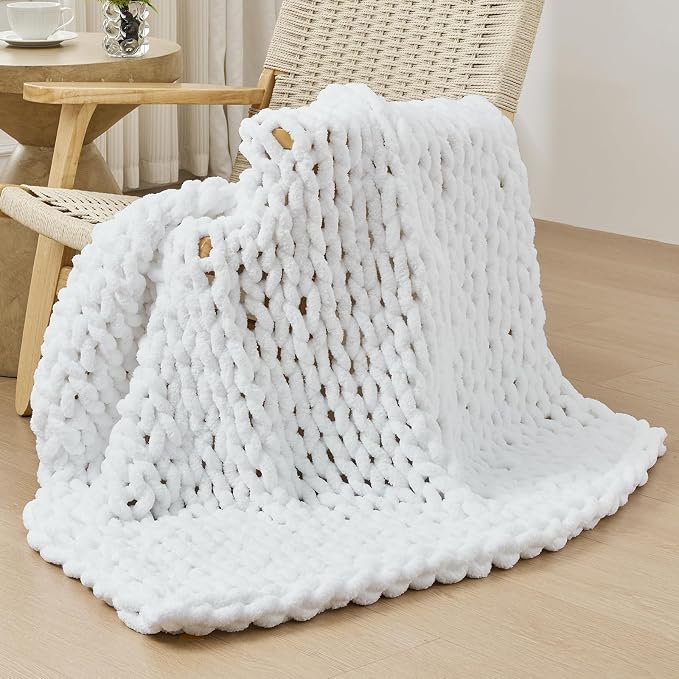 Bigacogo Chunky Knit Throw Blanket for Couch, 40x40 inches, Pure White | Hand Knit with Jumbo Chenille, Soft Breathable Cable Knit for Sofa Bed Living Room, Machine Washable, Gift for Mom Friend