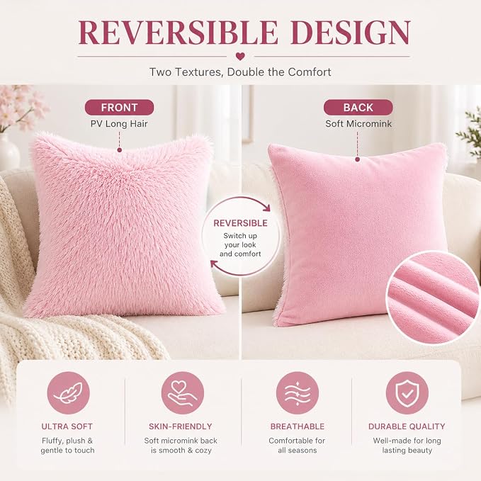 REAFORT Long Hair Faux Fur Euro Sham Cover 26"x26", Hidden Zipper (Pink) | Ultra-soft plush faux fur with a hidden zipper adds luxurious comfort and is machine washable for easy care.